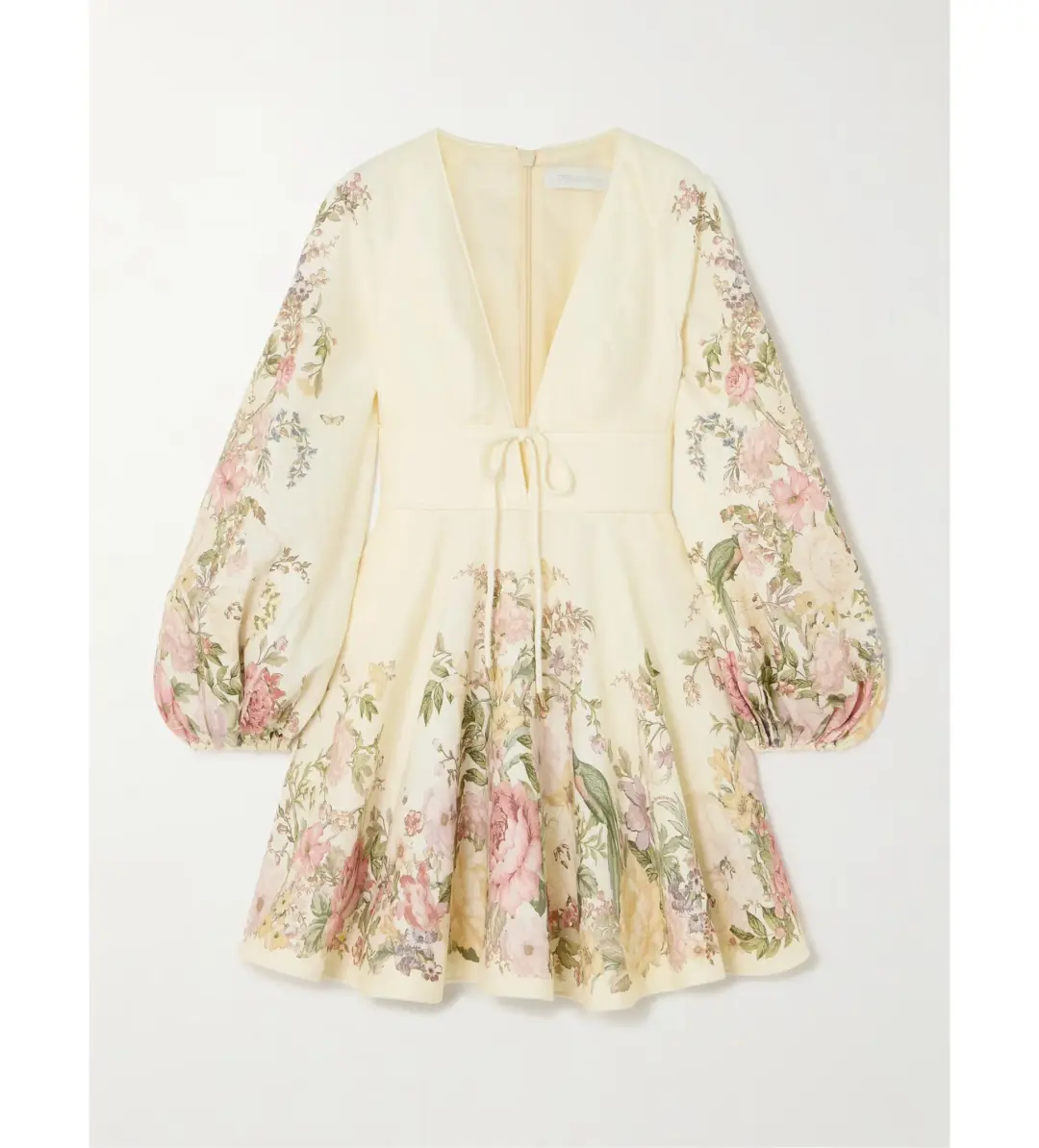 Zimmermann Waverly Plunge Tie-detailed Floral-print Linen Mini Dress Floral Size 0/Au 8 for rent on The Volte - main image