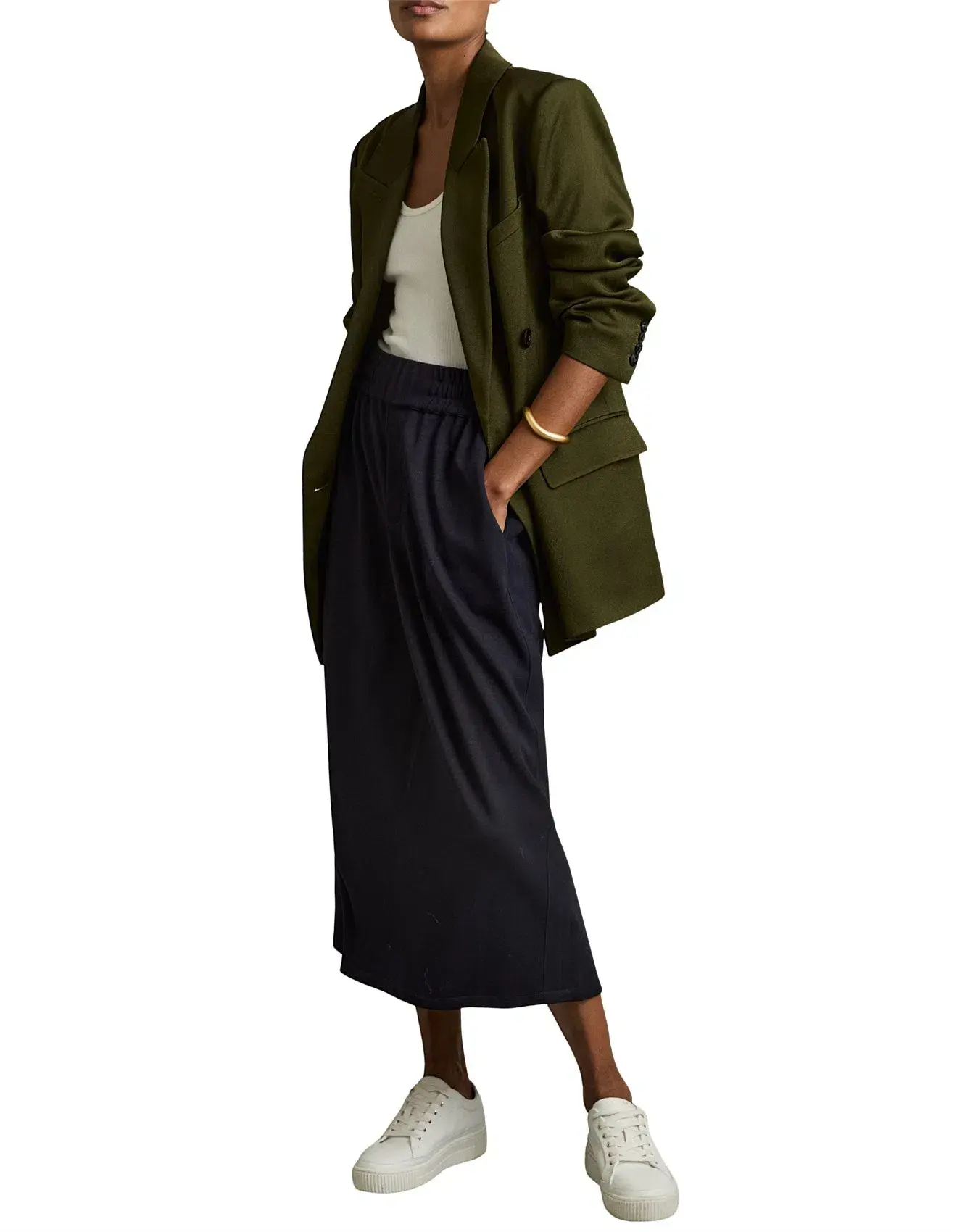 Reiss Nora Ruched Jersey Midi Skirt Navy Size AU 12 - Image 1