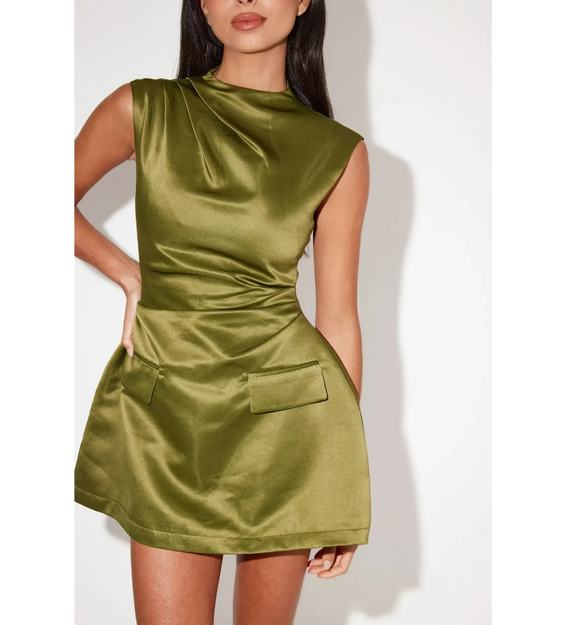 Odd Muse The Ultimate Muse Satin Straight Neck Mini Dress Olive Size XS / AU 6 - Image 4