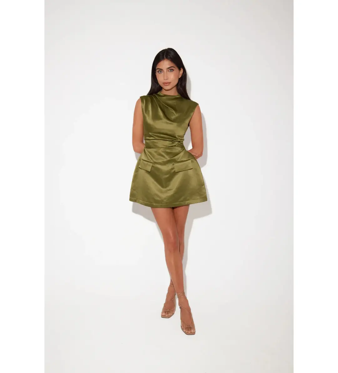 Odd Muse The Ultimate Muse Satin Straight Neck Mini Dress Olive Size XS / AU 6 for rent on The Volte - main image