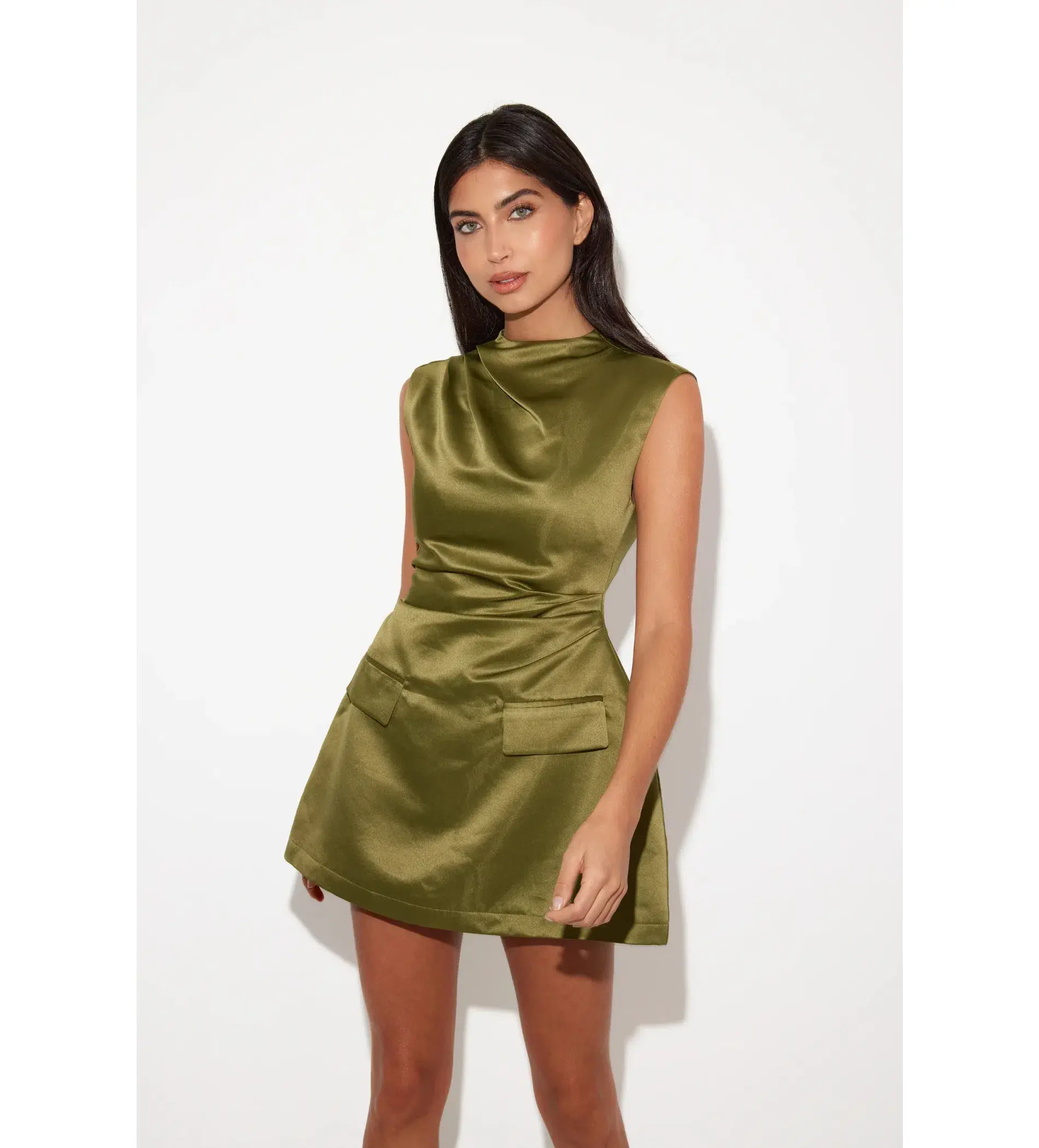 Odd Muse The Ultimate Muse Satin Straight Neck Mini Dress Olive Size XS / AU 6 - Image 2