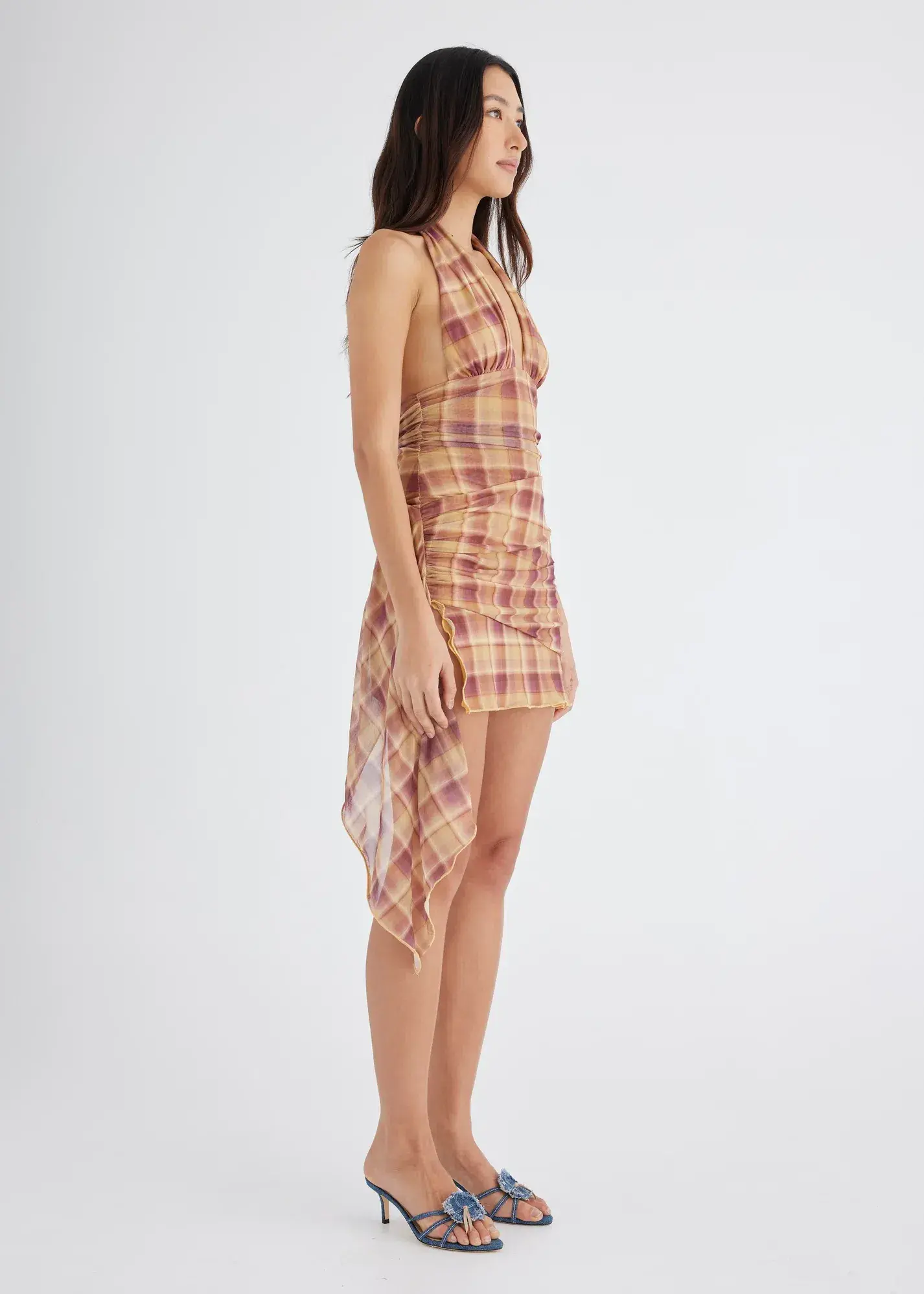 BENNI Penelope Halter Dress Toffee Check Size 8 - Image 2