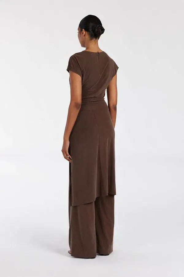 Dissh Rio Bitter Choc Draped Tunic Top & Wide Leg Modal Pant Set Brown Size 8 for rent on The Volte - main image
