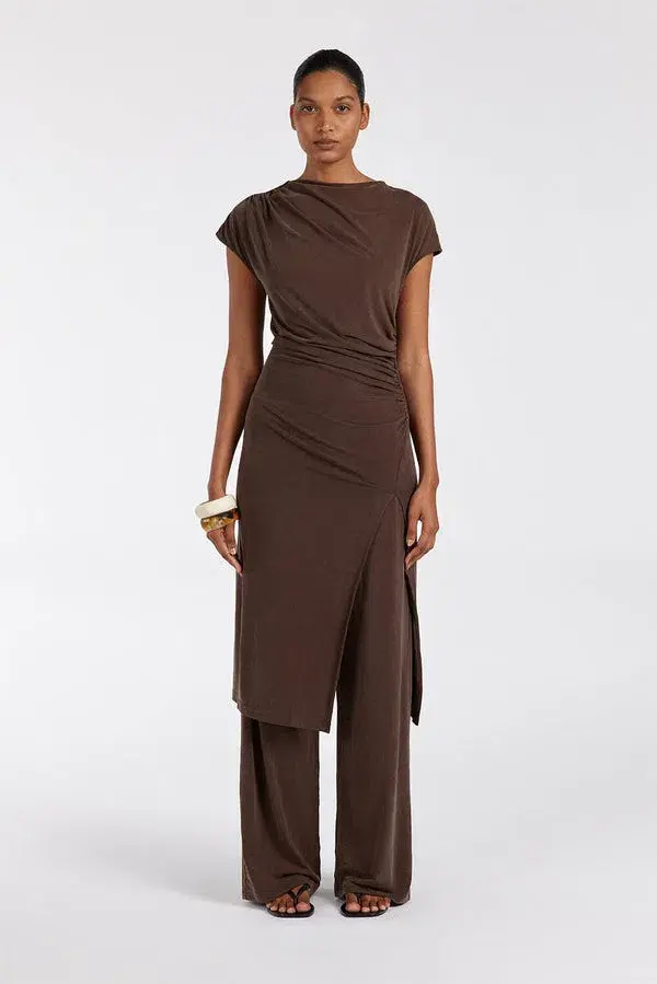 Dissh Rio Bitter Choc Draped Tunic Top & Wide Leg Modal Pant Set Brown Size 8 for rent on The Volte - main image