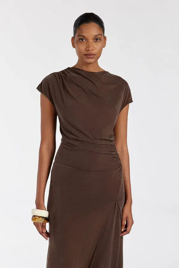 Dissh Rio Bitter Choc Draped Tunic Top & Wide Leg Modal Pant Set Brown Size 8 for rent on The Volte - main image