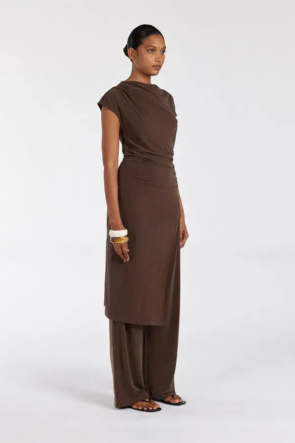Dissh Rio Bitter Choc Draped Tunic Top & Wide Leg Modal Pant Set Brown Size 8 for rent on The Volte - main image