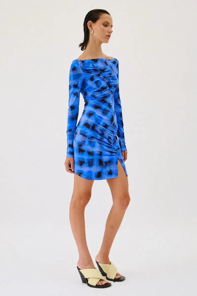 Suboo Shibori Long Sleeve Off Shoulder Dress Mini Blue Size 8 for rent on The Volte - main image