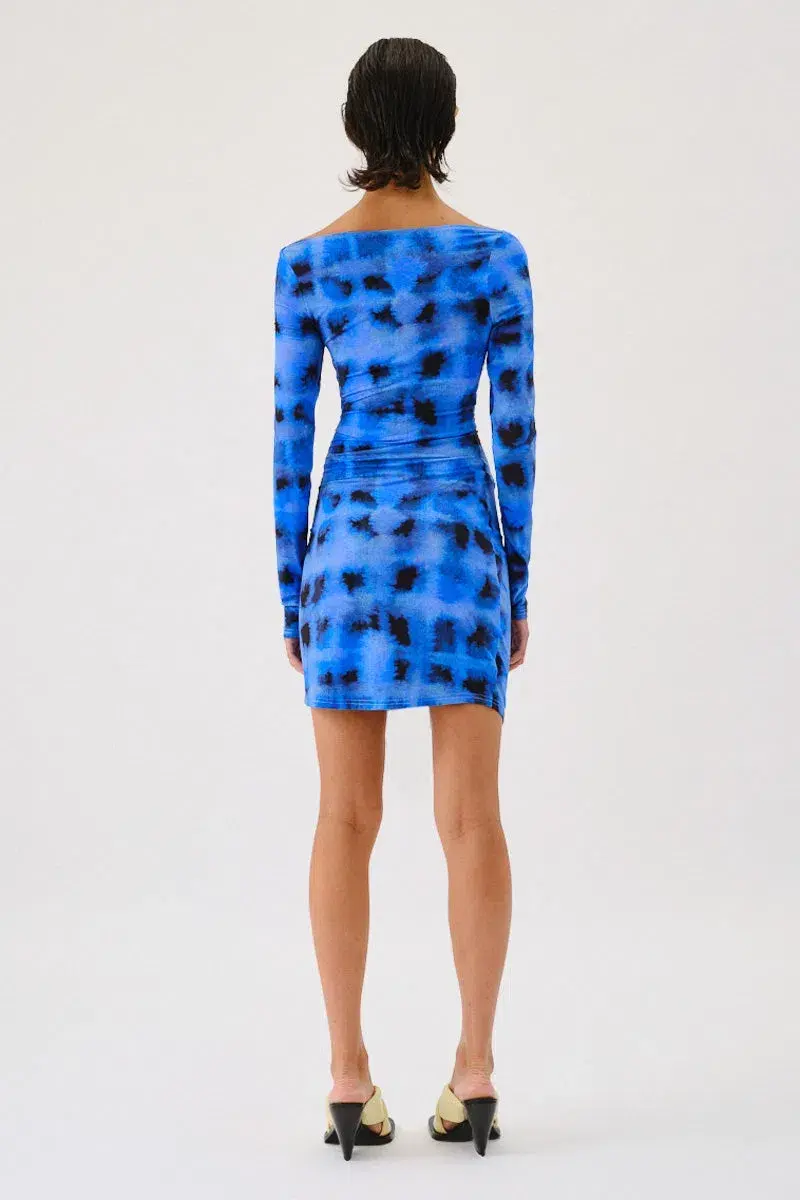 Suboo Shibori Long Sleeve Off Shoulder Dress Mini Blue Size 8 for rent on The Volte - main image