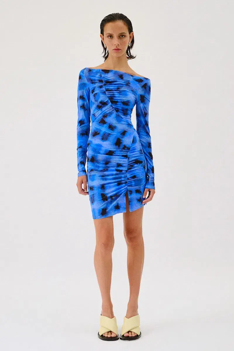 Suboo Shibori Long Sleeve Off Shoulder Dress Mini Blue Size 8 for rent on The Volte - main image
