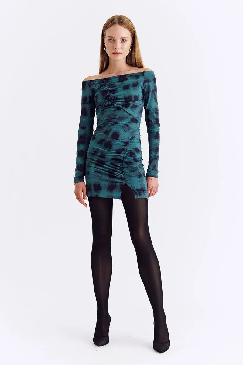 Suboo Shibori Long Sleeve Off Shoulder Dress Mini Green Size 8 for rent on The Volte - main image