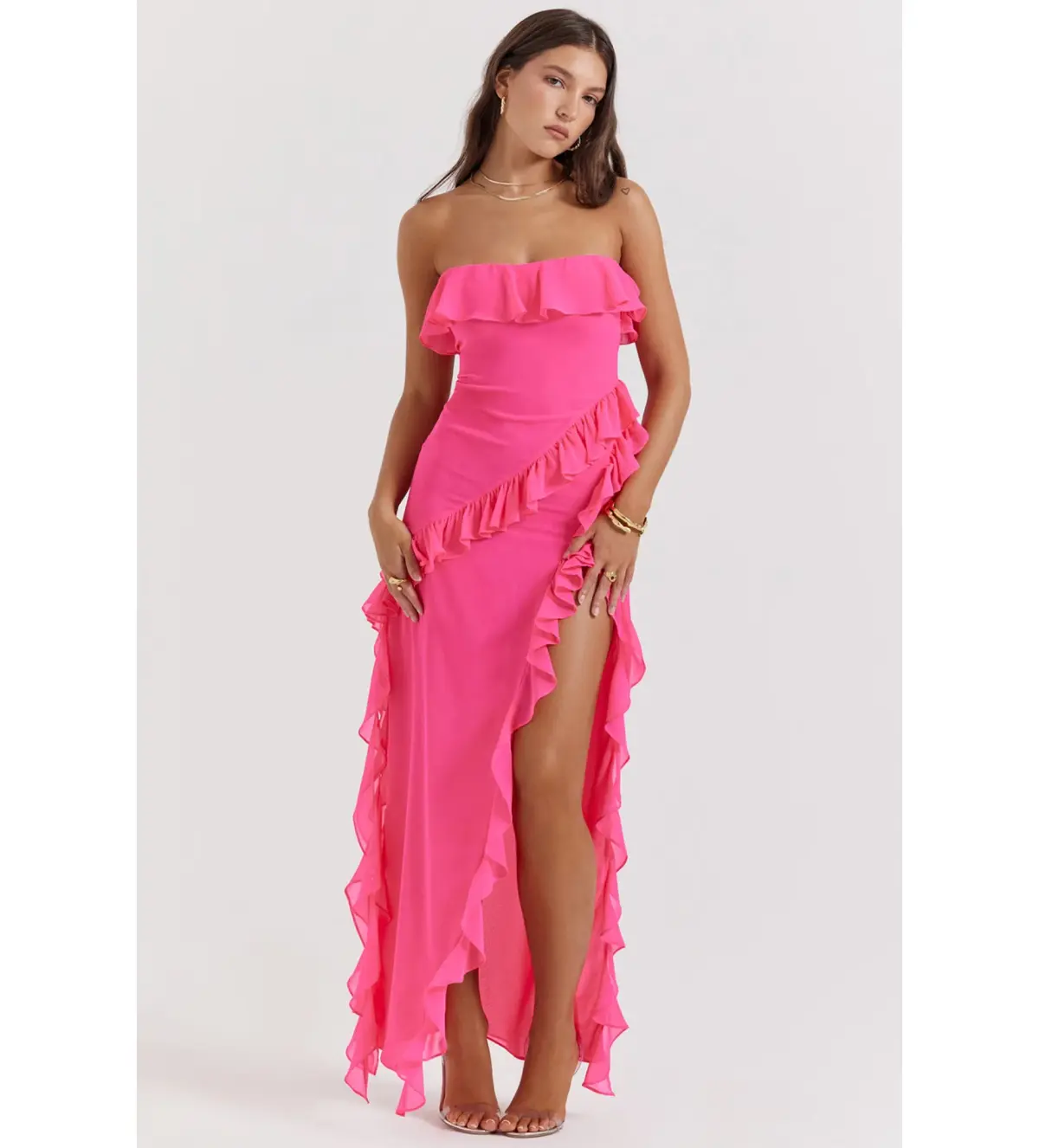 House of CB Sarina Ruffle Maxi Dress Fuchsia Size XS / AU 6 - Image 1