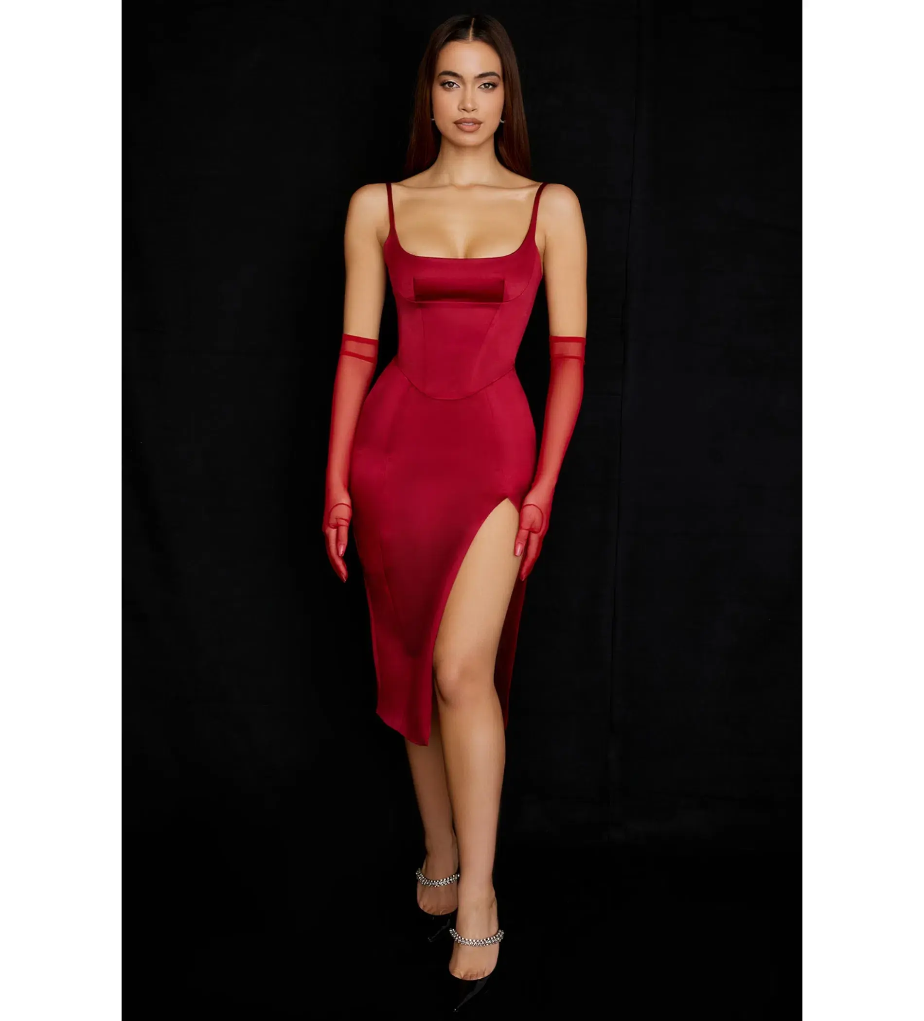 House Of Cb Casimira Wine Satin Corset Midi Dress Red Size 8 - Image 2