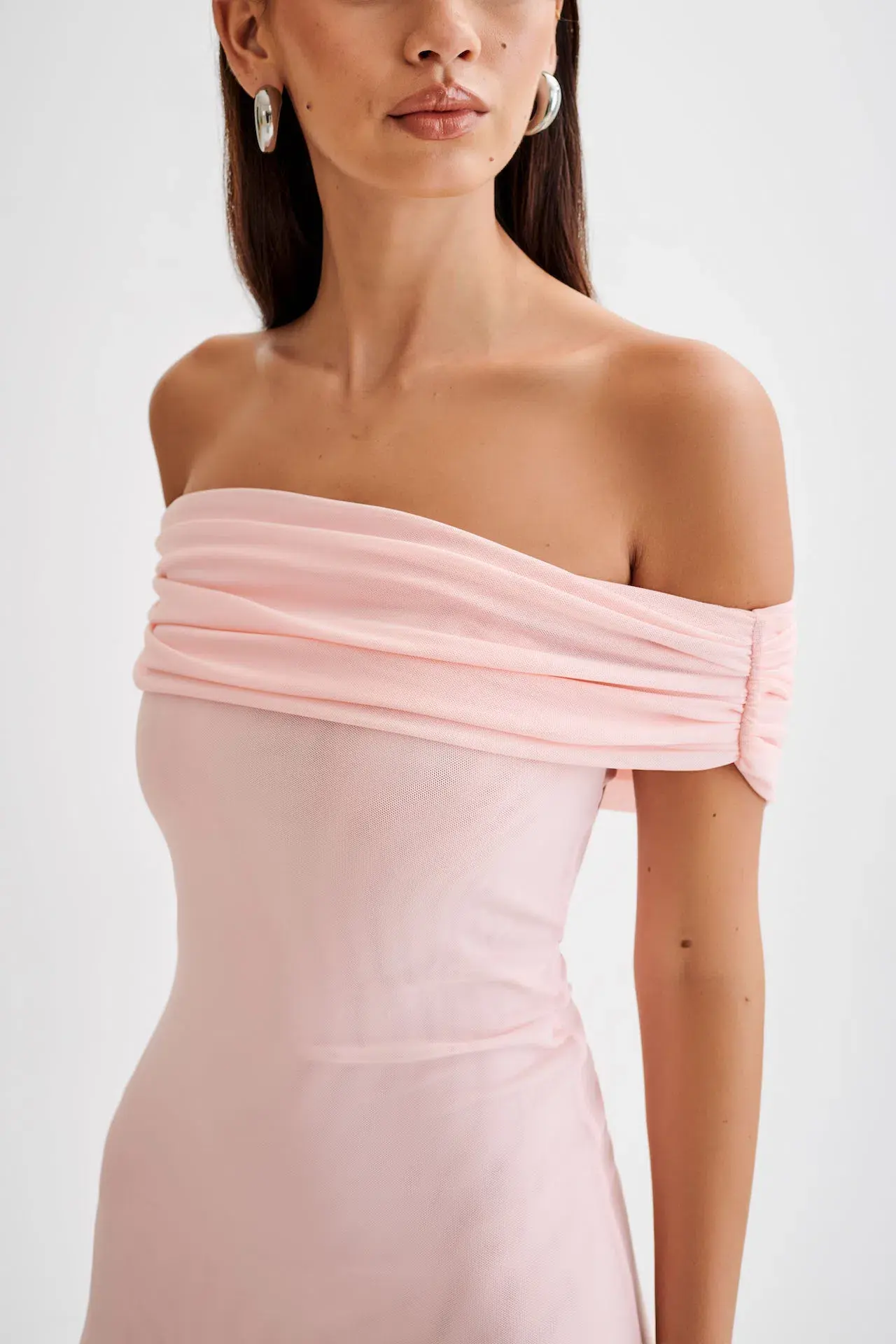 Meshki Audrey Off Shoulder Mesh Maxi Dress Pale Pink Size 12 - Image 2