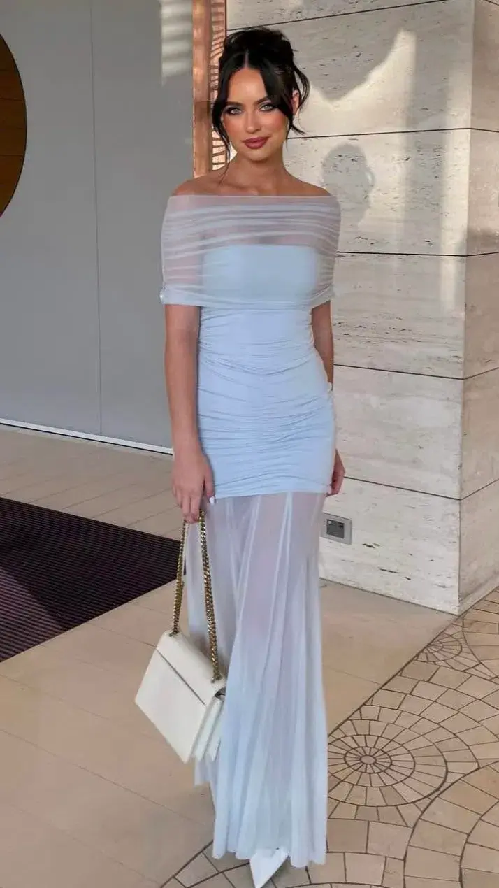 Meshki Caspian Slinky And Mesh Off Shoulder Maxi Dress Pale Blue Size 10 for rent on The Volte - main image