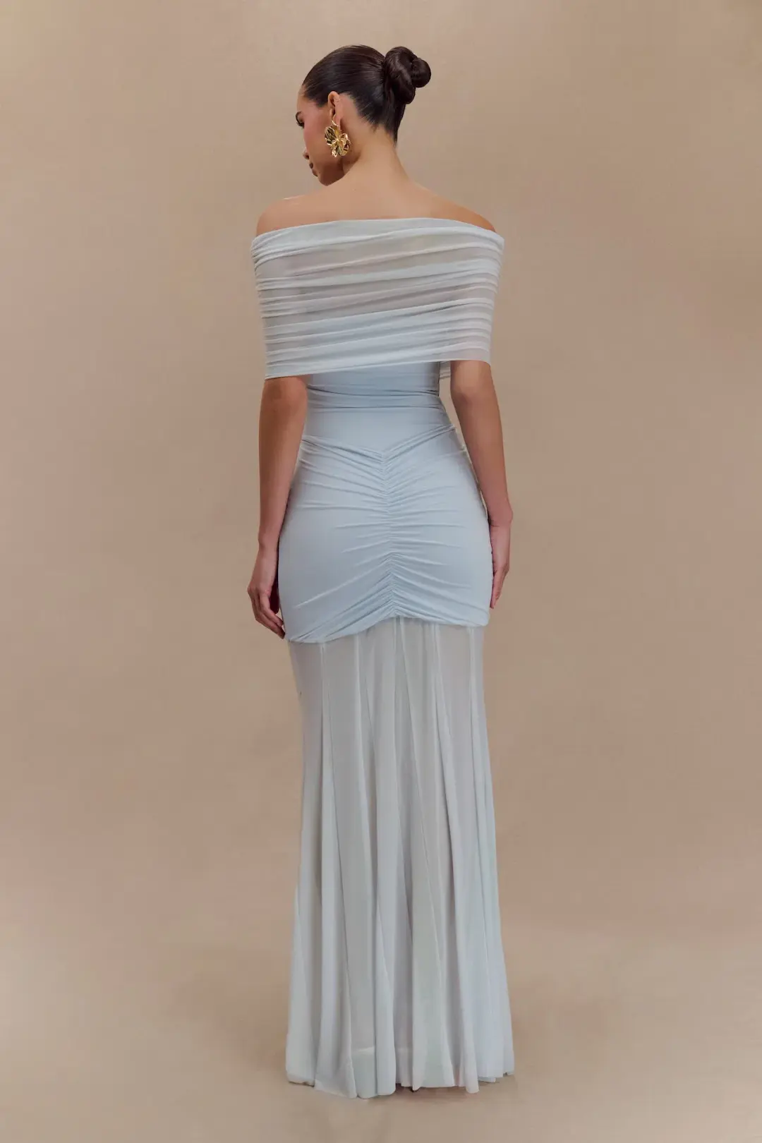 Meshki Caspian Slinky And Mesh Off Shoulder Maxi Dress Pale Blue Size 10 for rent on The Volte - main image