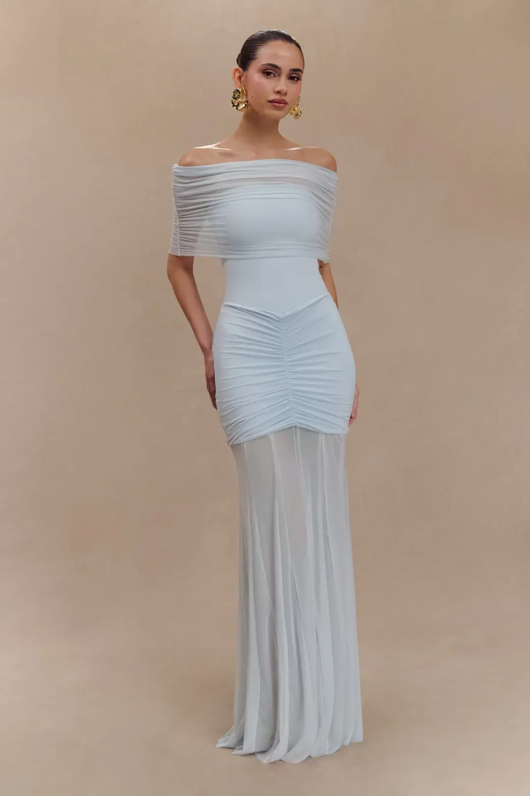 Meshki Caspian Slinky And Mesh Off Shoulder Maxi Dress Pale Blue Size 10 for rent on The Volte - main image