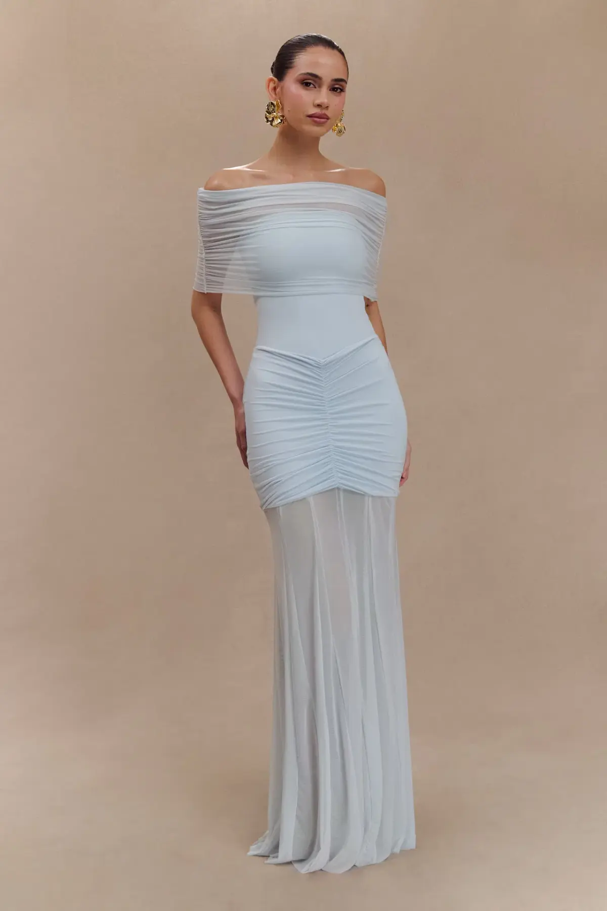 Meshki Caspian Slinky And Mesh Off Shoulder Maxi Dress Pale Blue Size 10 - Image 1