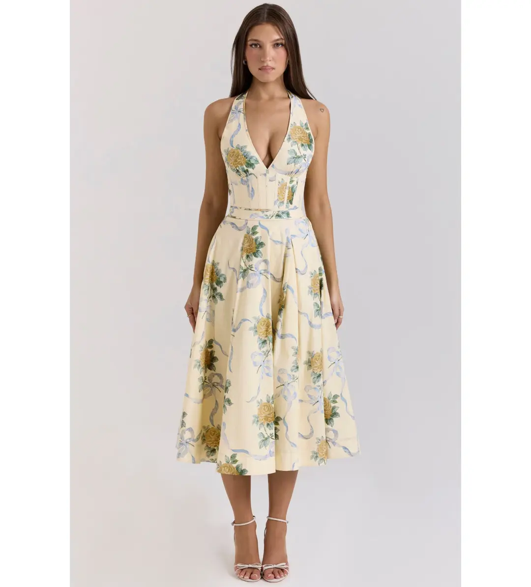 House of CB Allena Ribbon Stretch Cotton Halter Midi Sundress in Lemon Size AU 8 for rent on The Volte - main image