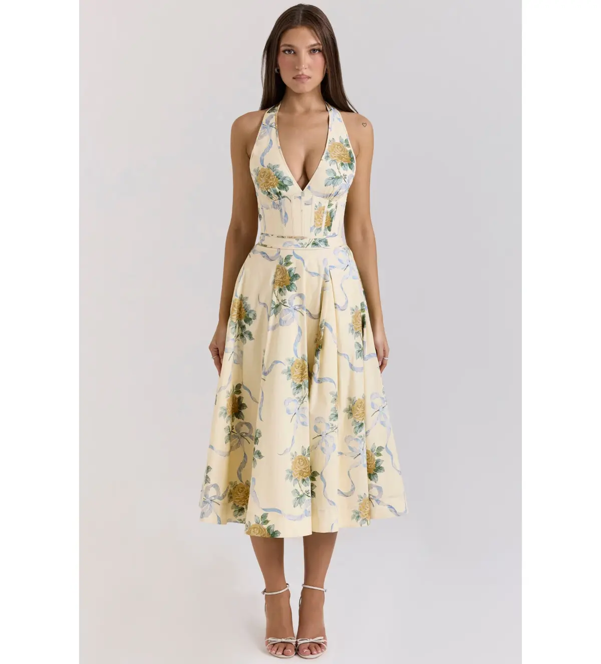 House of CB Allena Ribbon Stretch Cotton Halter Midi Sundress in Lemon Size AU 8 - Image 1