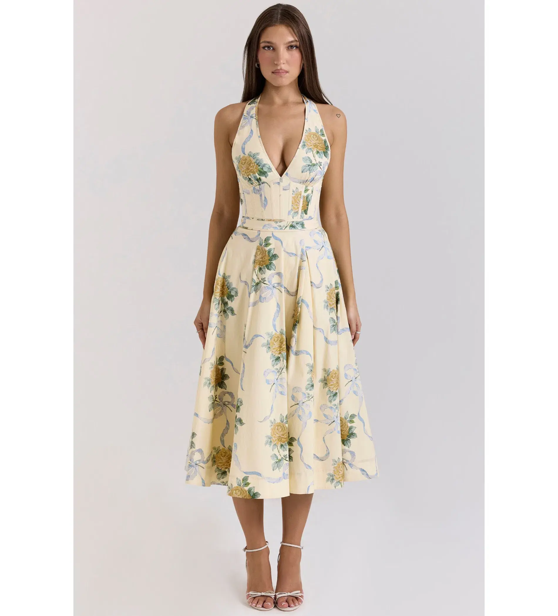 House of CB Allena Ribbon Stretch Cotton Halter Midi Sundress in Lemon Size AU 8 - Image 1