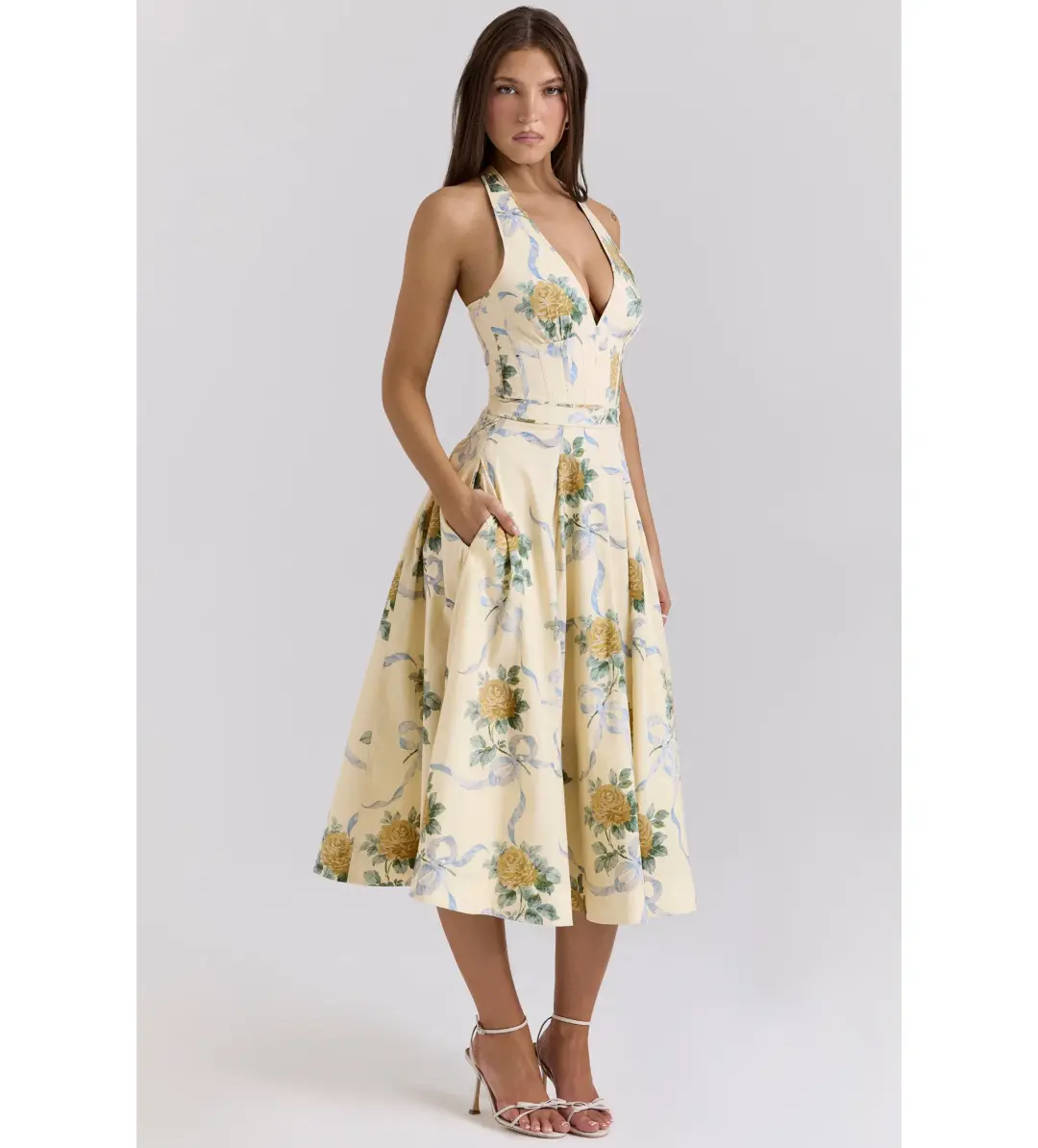 House of CB Allena Ribbon Stretch Cotton Halter Midi Sundress in Lemon Size AU 8 for rent on The Volte - main image