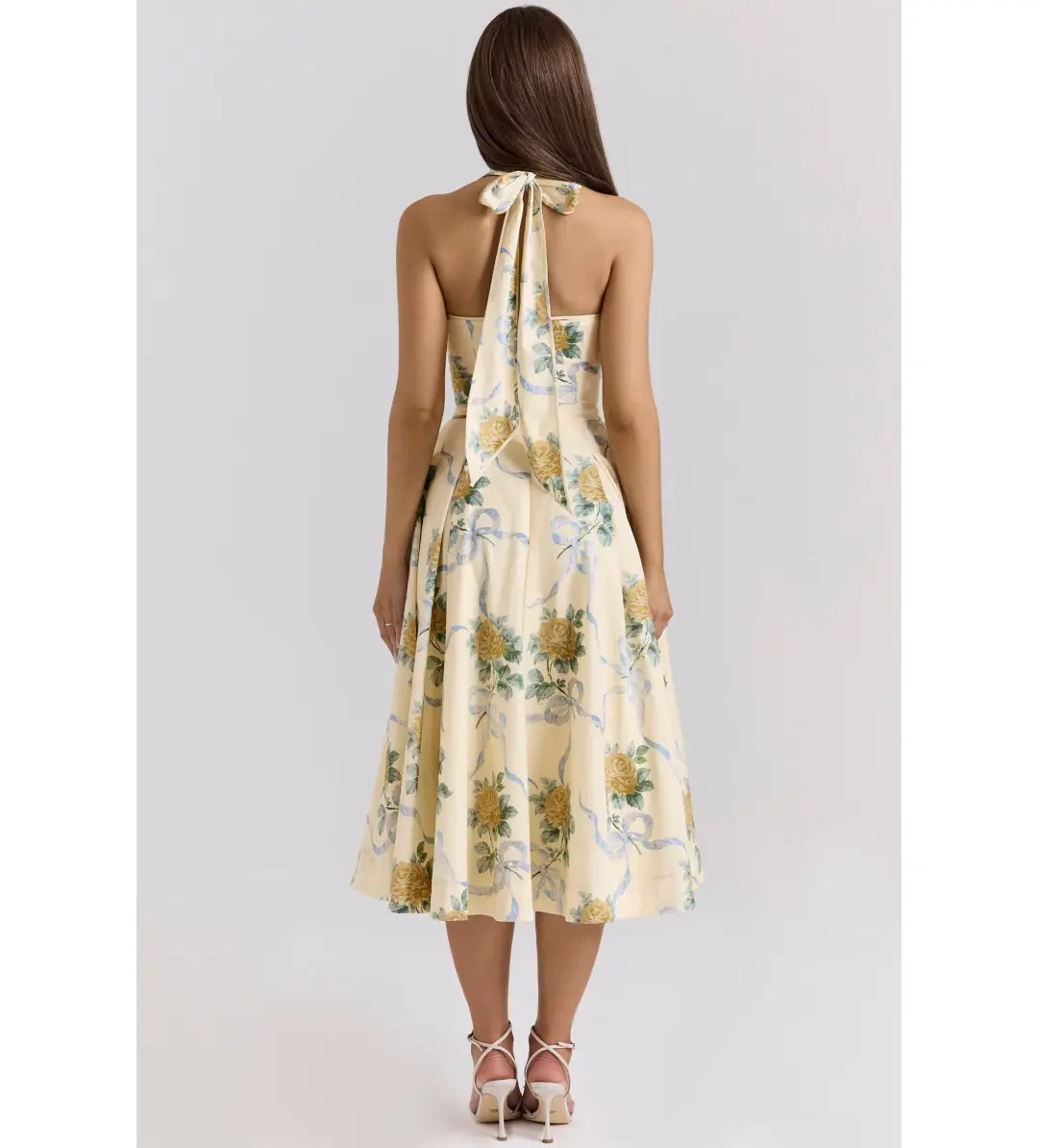 House of CB Allena Ribbon Stretch Cotton Halter Midi Sundress in Lemon Size AU 8 for rent on The Volte - main image