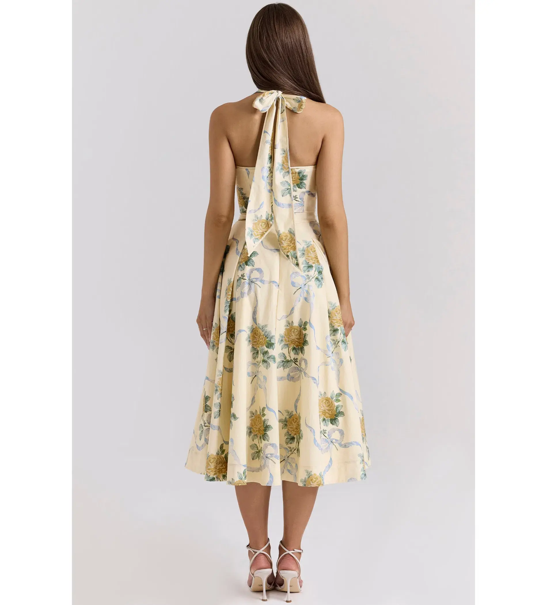 House of CB Allena Ribbon Stretch Cotton Halter Midi Sundress in Lemon Size AU 8 - Image 4