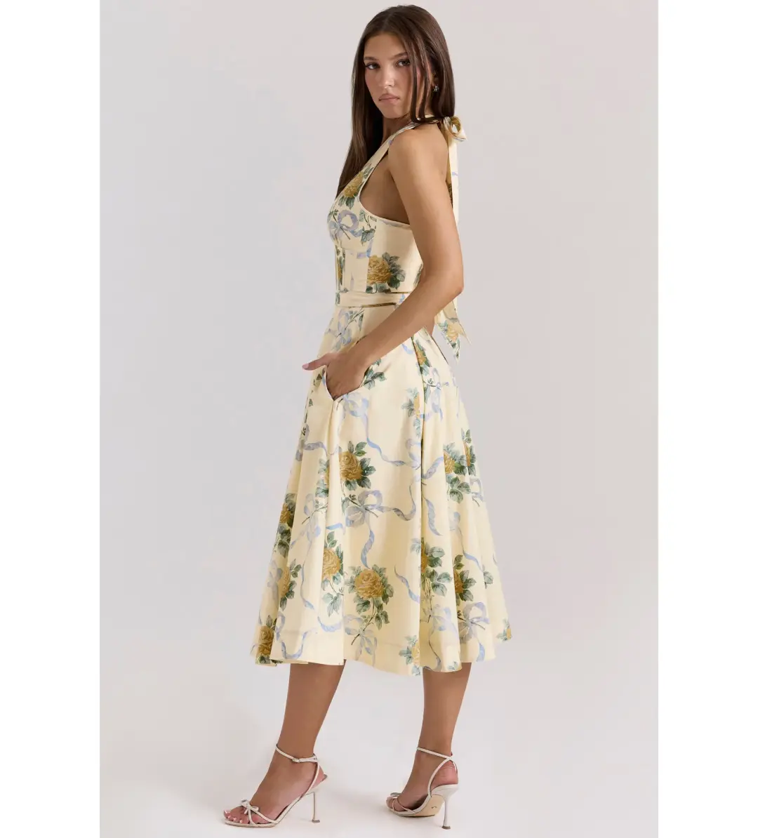 House of CB Allena Ribbon Stretch Cotton Halter Midi Sundress in Lemon Size AU 8 for rent on The Volte - main image