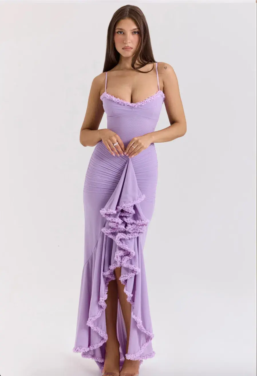 House of CB Gabbi Orchid Mesh Ruffled Front Gown Purple Lilac Size S AU 8 - Image 2