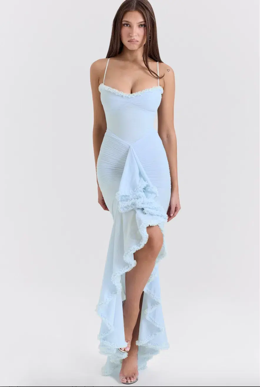 House of CB Gabbi Ice Blue Mesh Ruffled Front Gown Size AU 6 - Image 4
