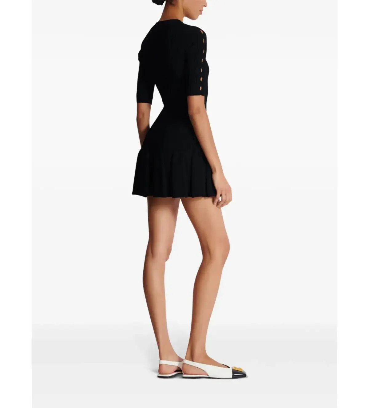 Balmain Round Neck Pleated Ribbed-Knit Skater Mini Dress Black Size AU 10 - Image 2