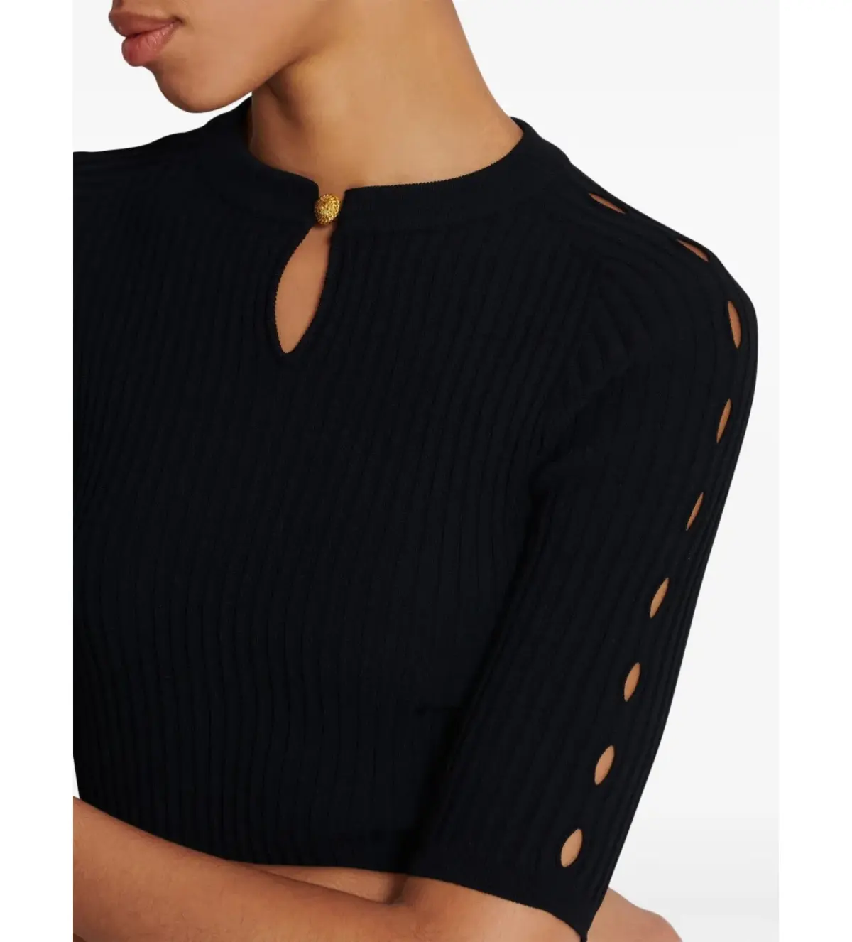 Balmain Round Neck Pleated Ribbed-Knit Skater Mini Dress Black Size AU 10 - Image 4