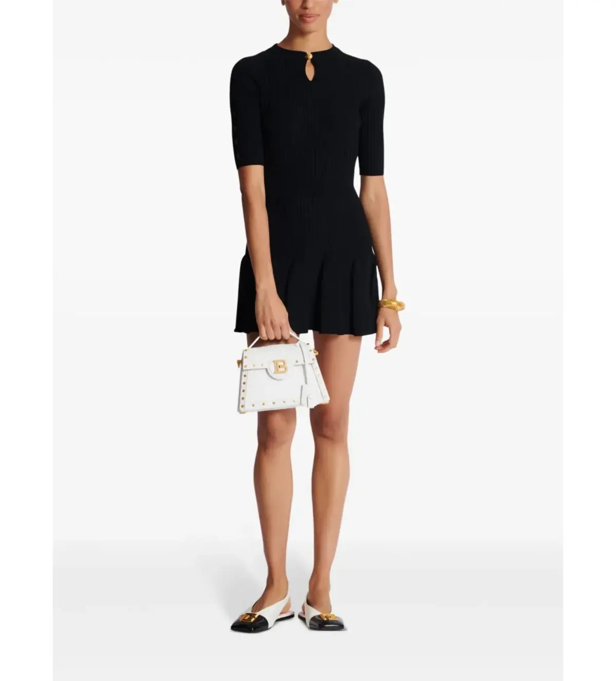 Balmain Round Neck Pleated Ribbed-Knit Skater Mini Dress Black Size AU 10 - Image 1
