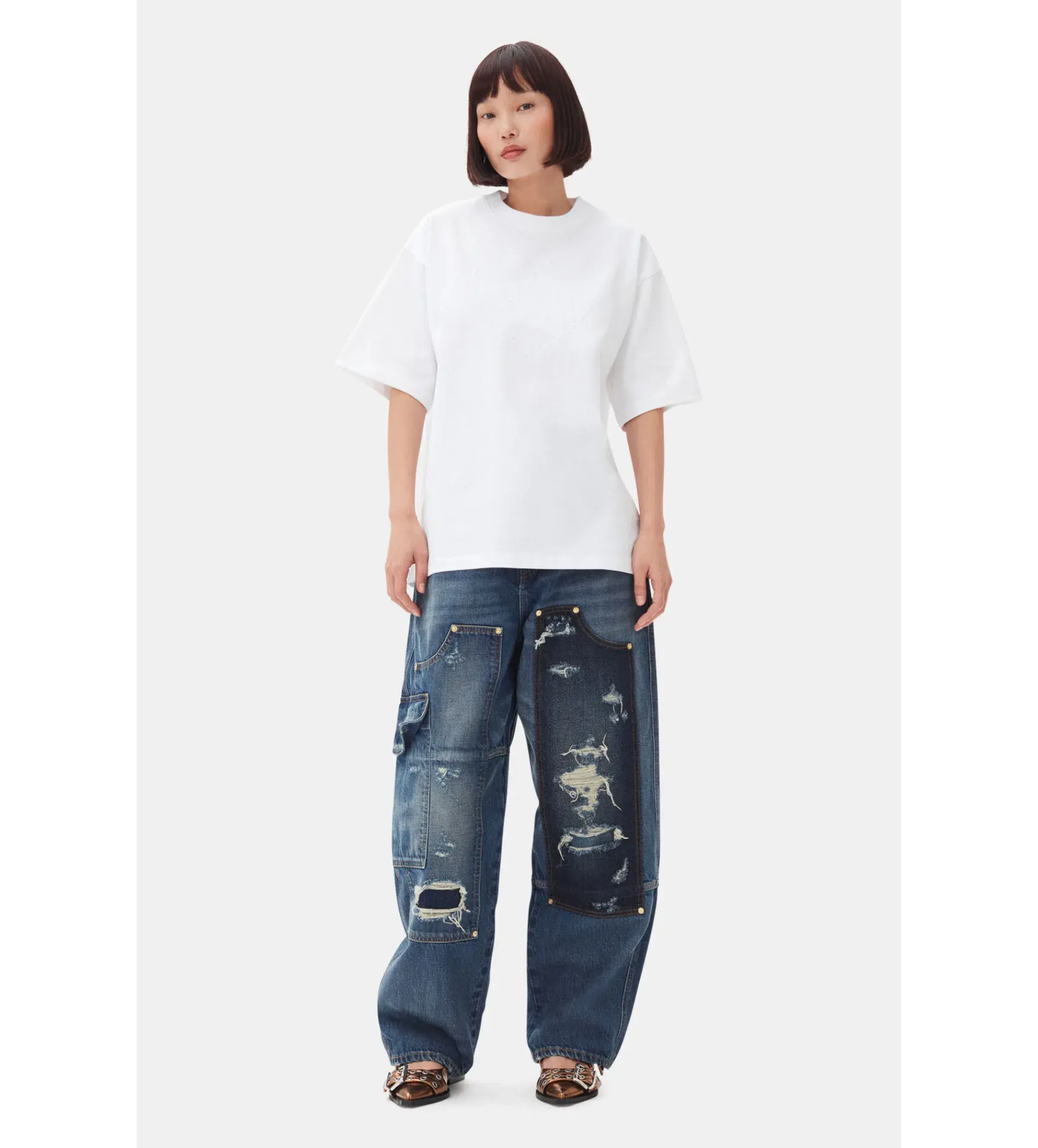 Ganni Heavy Cotton Drop Shoulder Heart T-shirt in White Size S/ AU 8 - Image 1