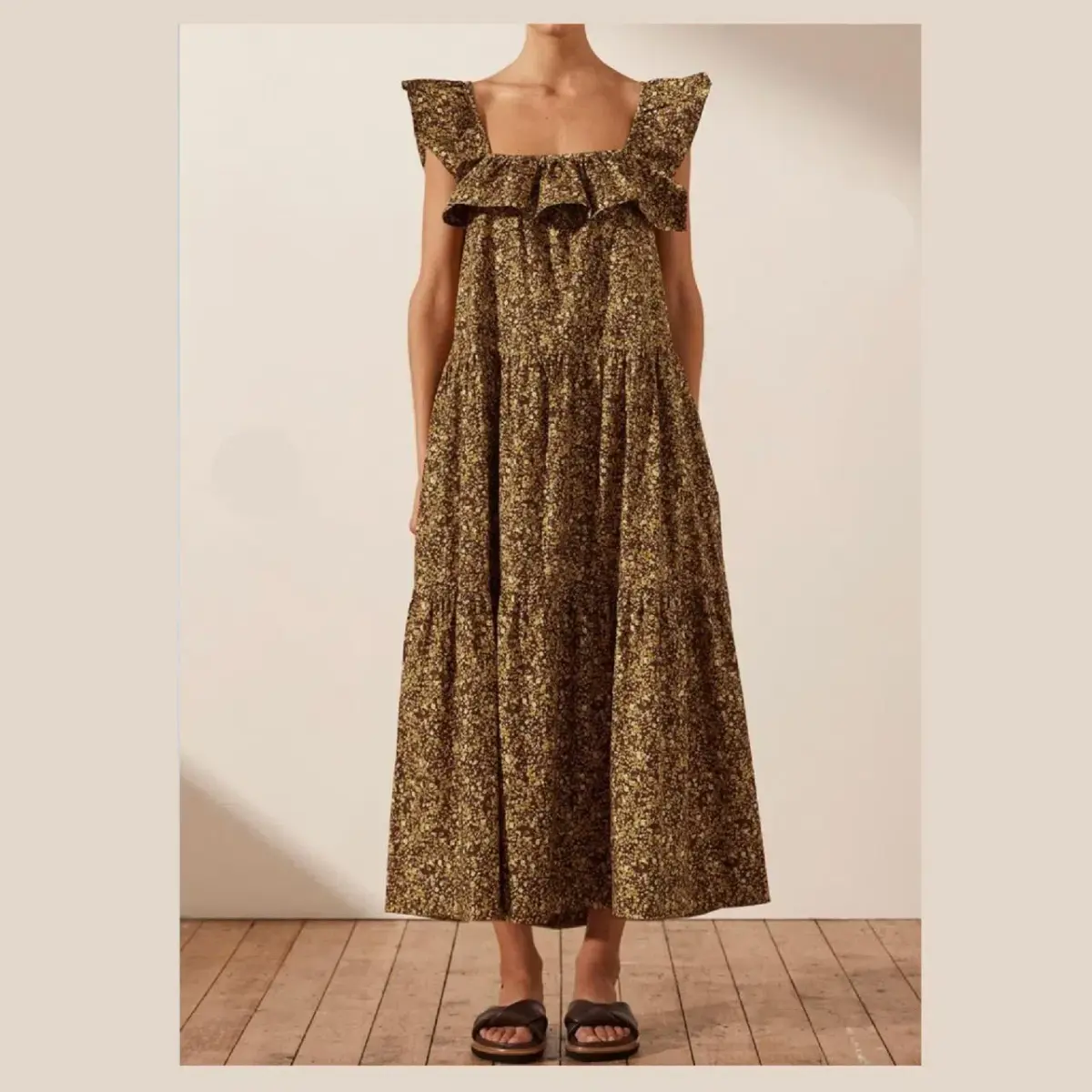 Shona Joy Lilou Ruffle Square Neck Midi Dress Floral Size 10  - Image 1