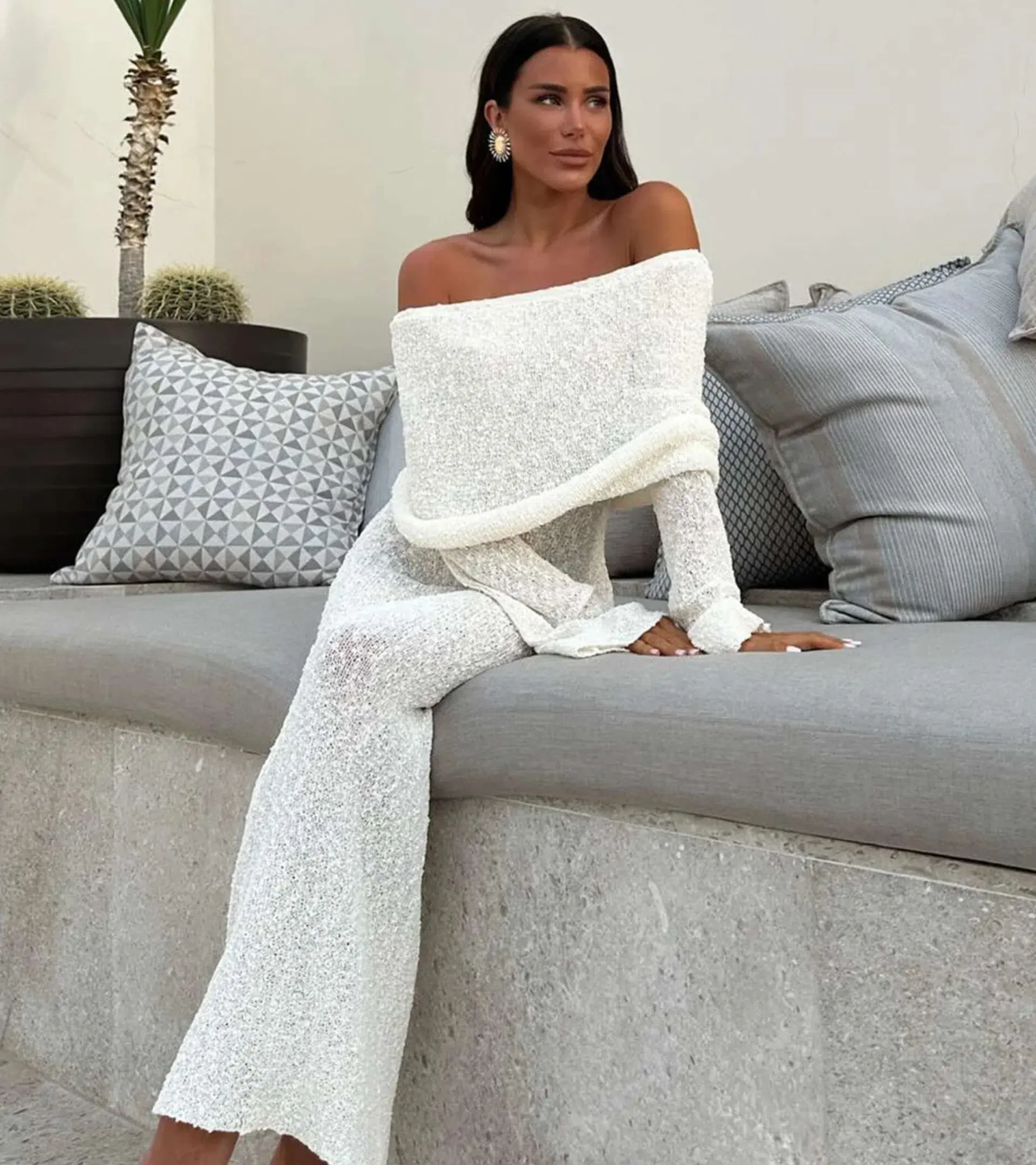Meshki Marisol Off Shoulder Boucle Maxi Dress Cream Size XL / Aus 14 - Image 1