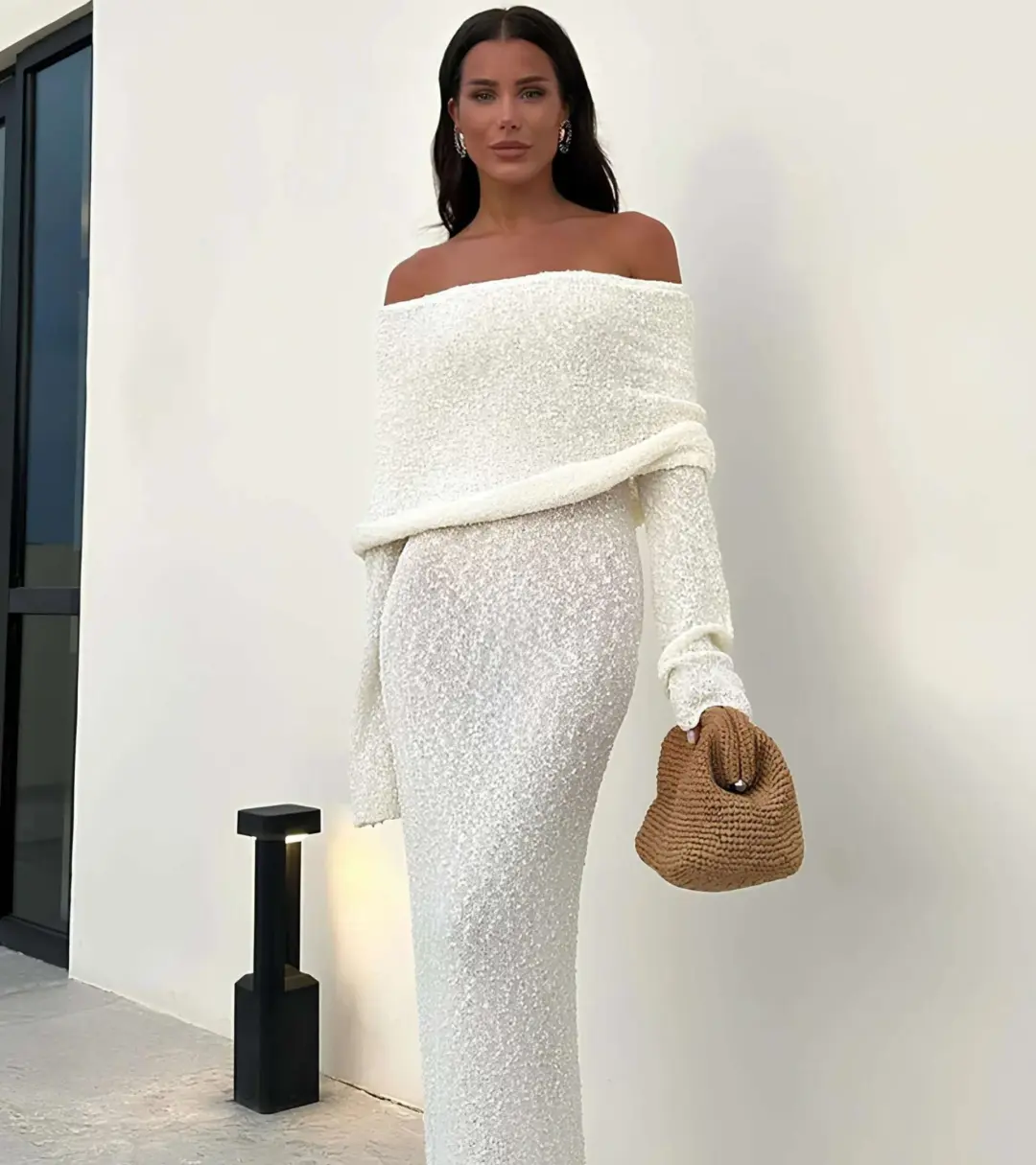 Meshki Marisol Off Shoulder Boucle Maxi Dress Cream Size XL / Aus 14 for rent on The Volte - main image