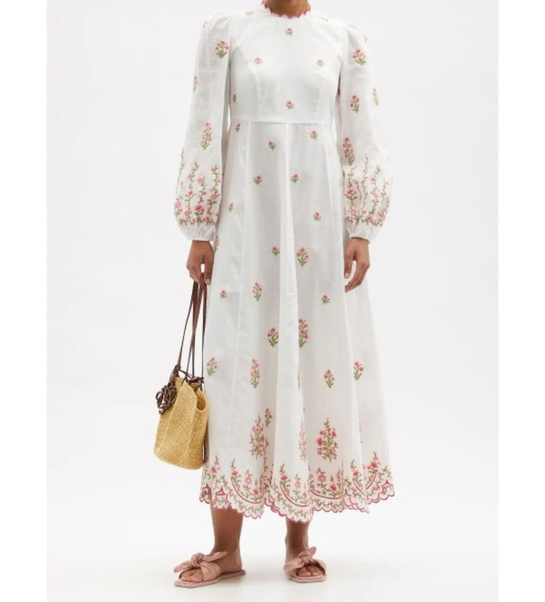 Zimmermann Poppy Floral-Embroidered Linen-Blend Midi Dress White Size 3/AU 14  - Image 3