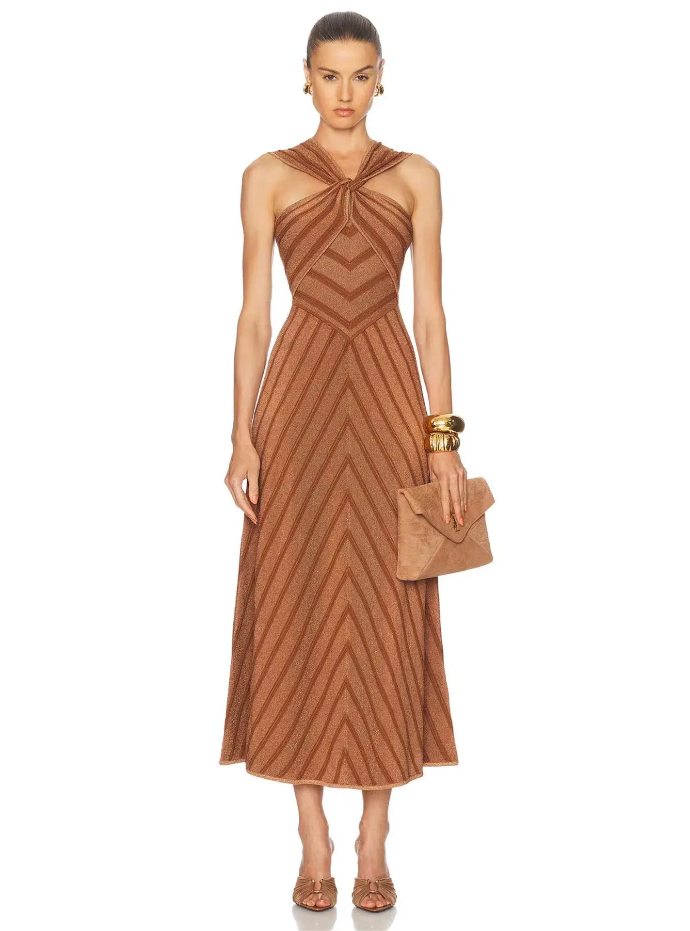 Zimmermann Illuminate Halter Midi Dress in Metallic Bronze Stripe Size 1 / AU 10 - Image 1