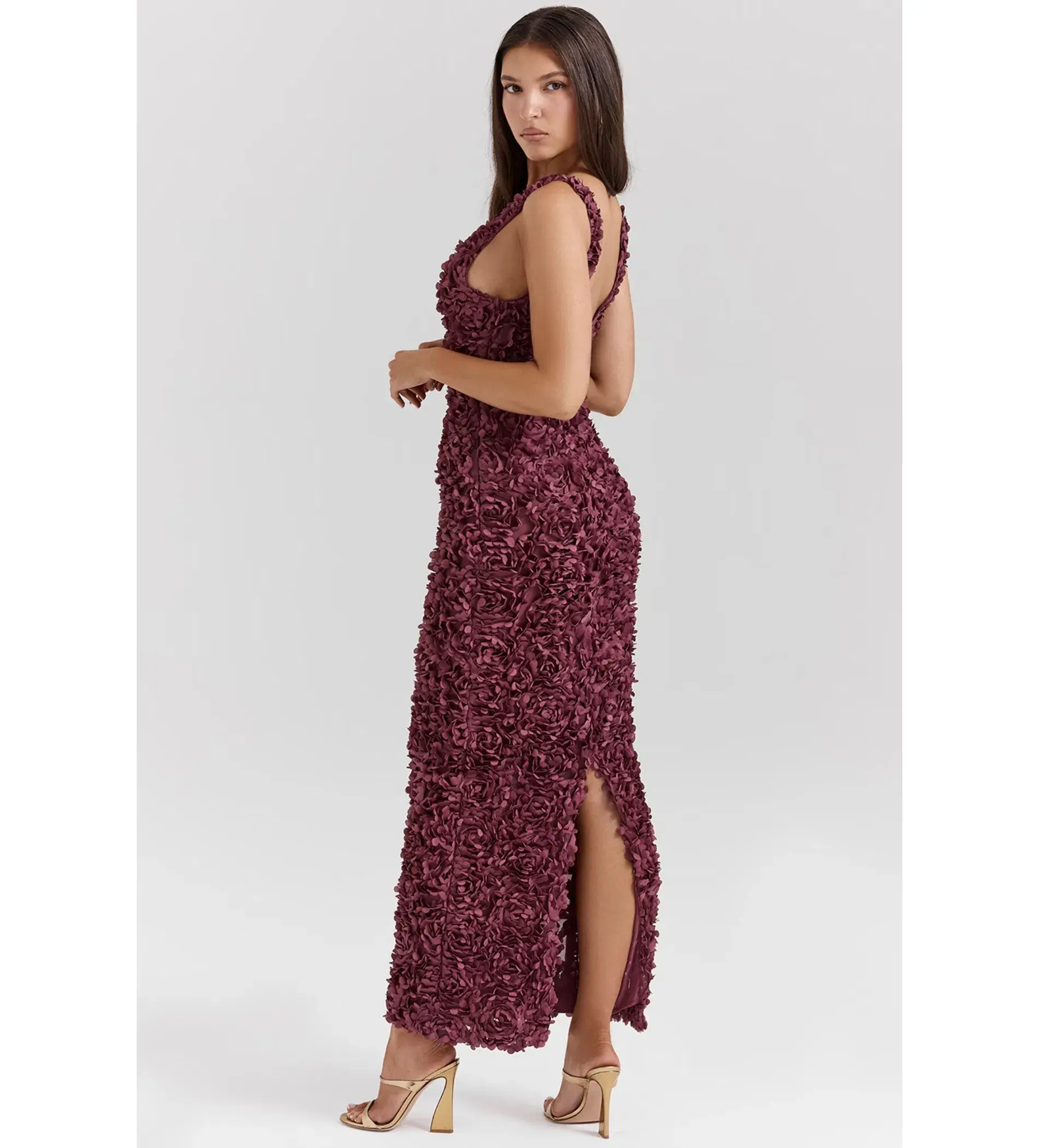 House Of CB Carena Merlot Plunge Floral Appliqué Maxi Dress in Burgundy Size XL/ AU 14 - Image 5