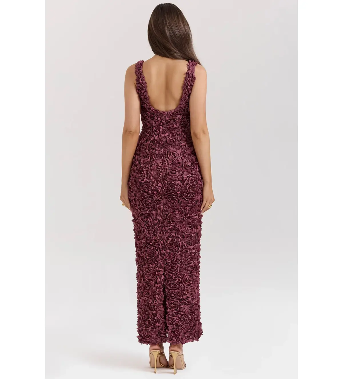 House Of CB Carena Merlot Plunge Floral Appliqué Maxi Dress in Burgundy Size XL/ AU 14 - Image 3