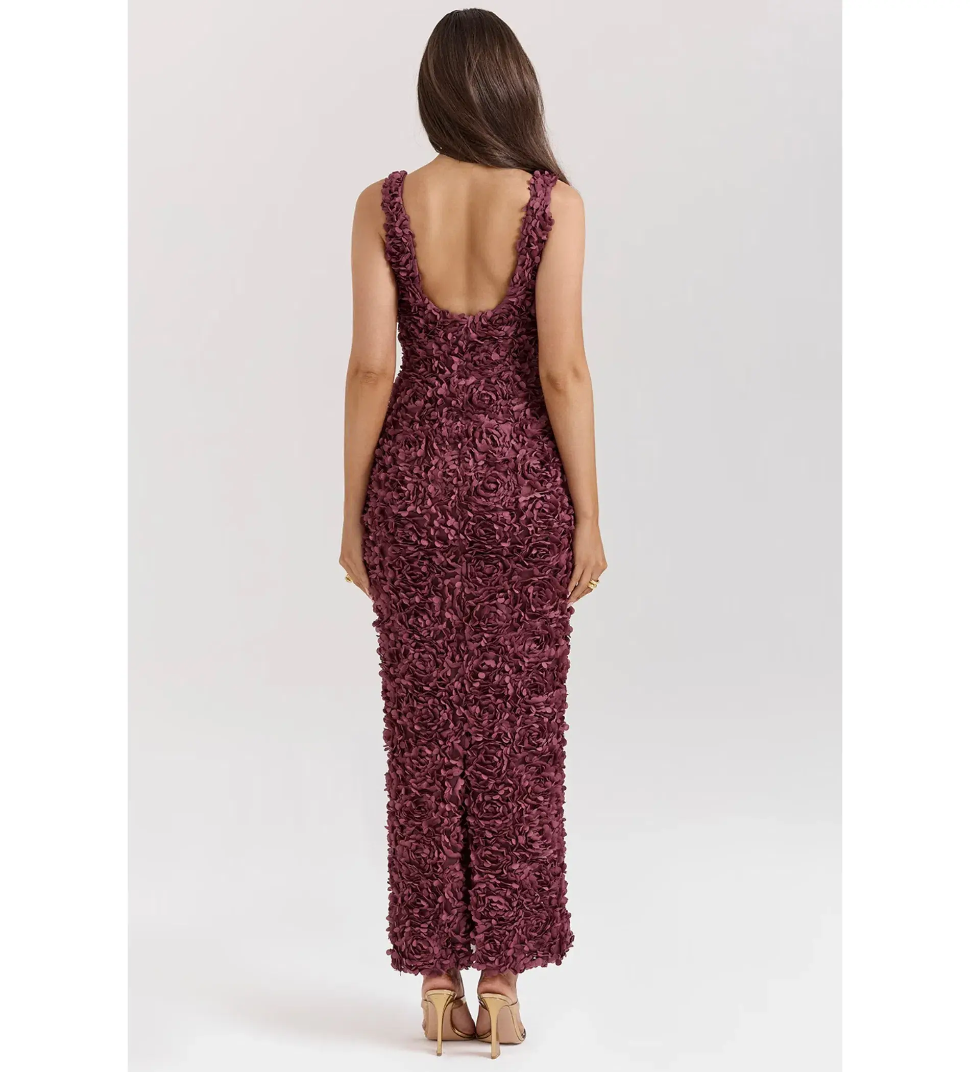 House Of CB Carena Merlot Plunge Floral Appliqué Maxi Dress in Burgundy Size XL/ AU 14 - Image 3