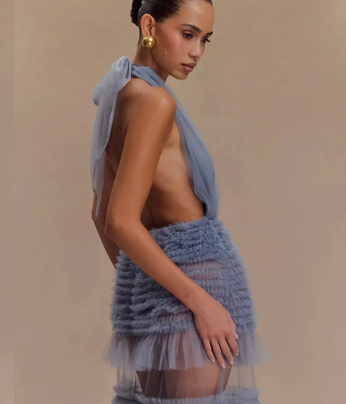 Meshki Mesh Tulle Ruffle Halter Maxi Dress Blue Size 6 - Image 2