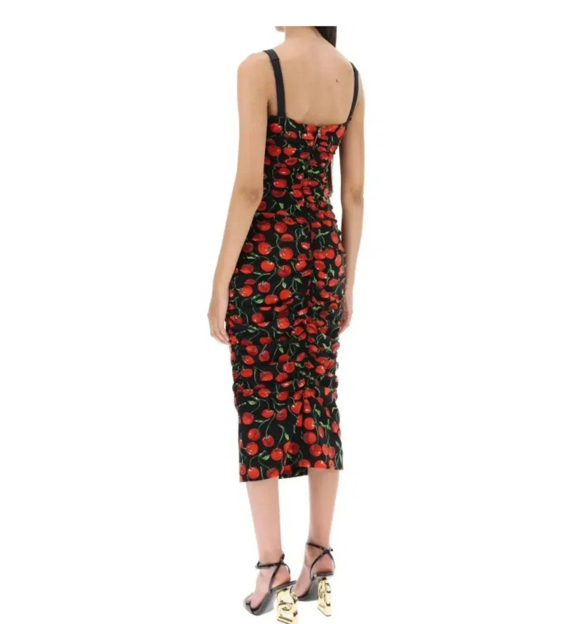 Dolce & Gabbana Cherry-Print Ruched Midi Dress Black Size AU 10 - Image 3