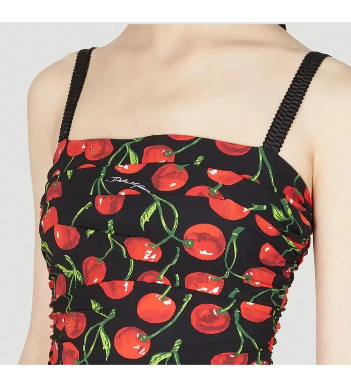 Dolce & Gabbana Cherry-Print Ruched Midi Dress Black Size AU 10 - Image 4