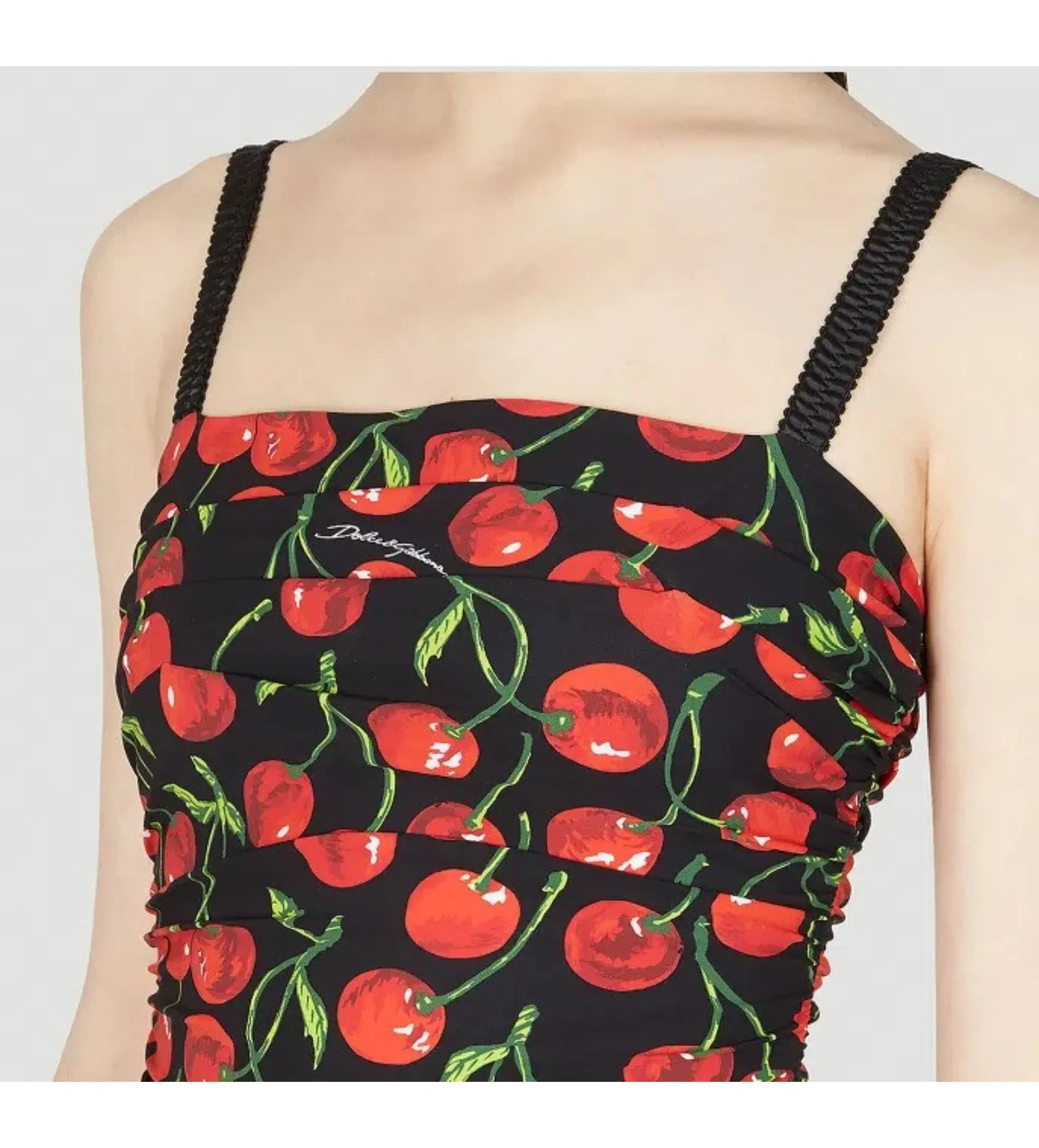 Dolce & Gabbana Cherry-Print Ruched Midi Dress Black Size AU 10 - Image 4