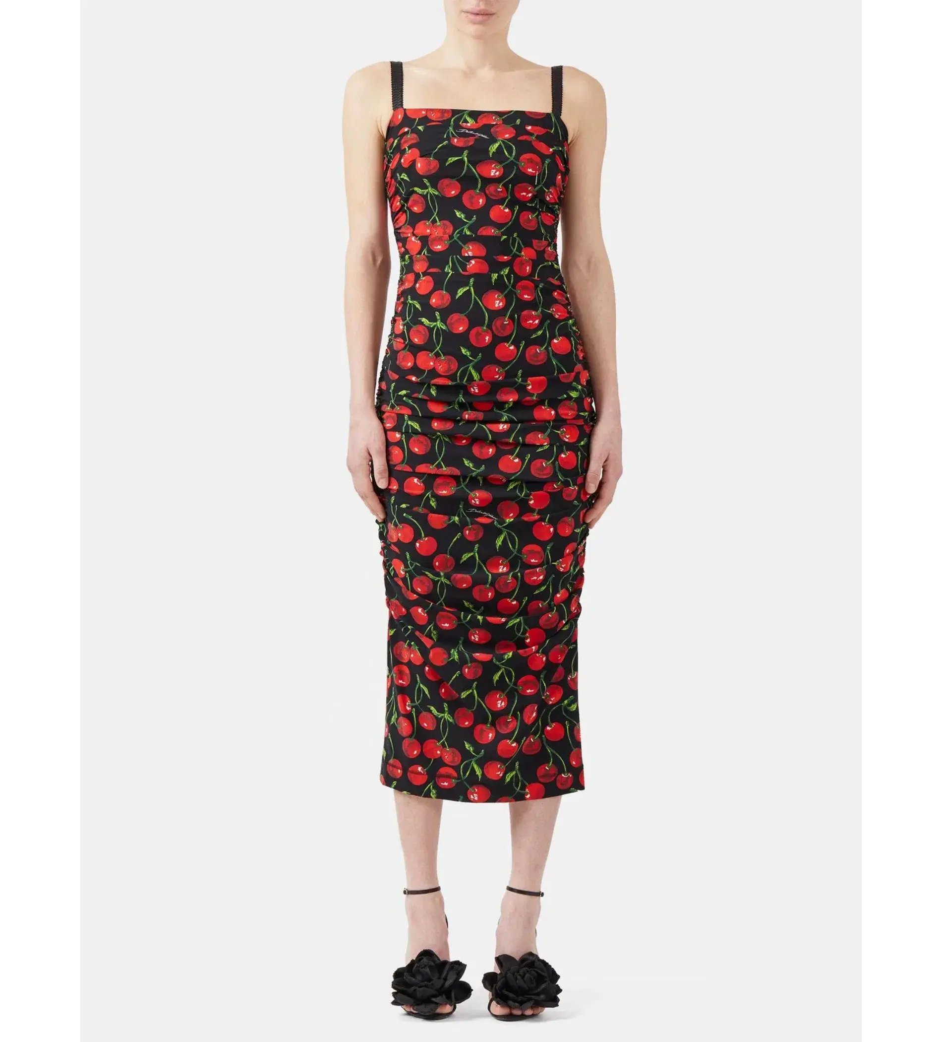 Dolce & Gabbana Cherry-Print Ruched Midi Dress Black Size AU 10 - Image 1