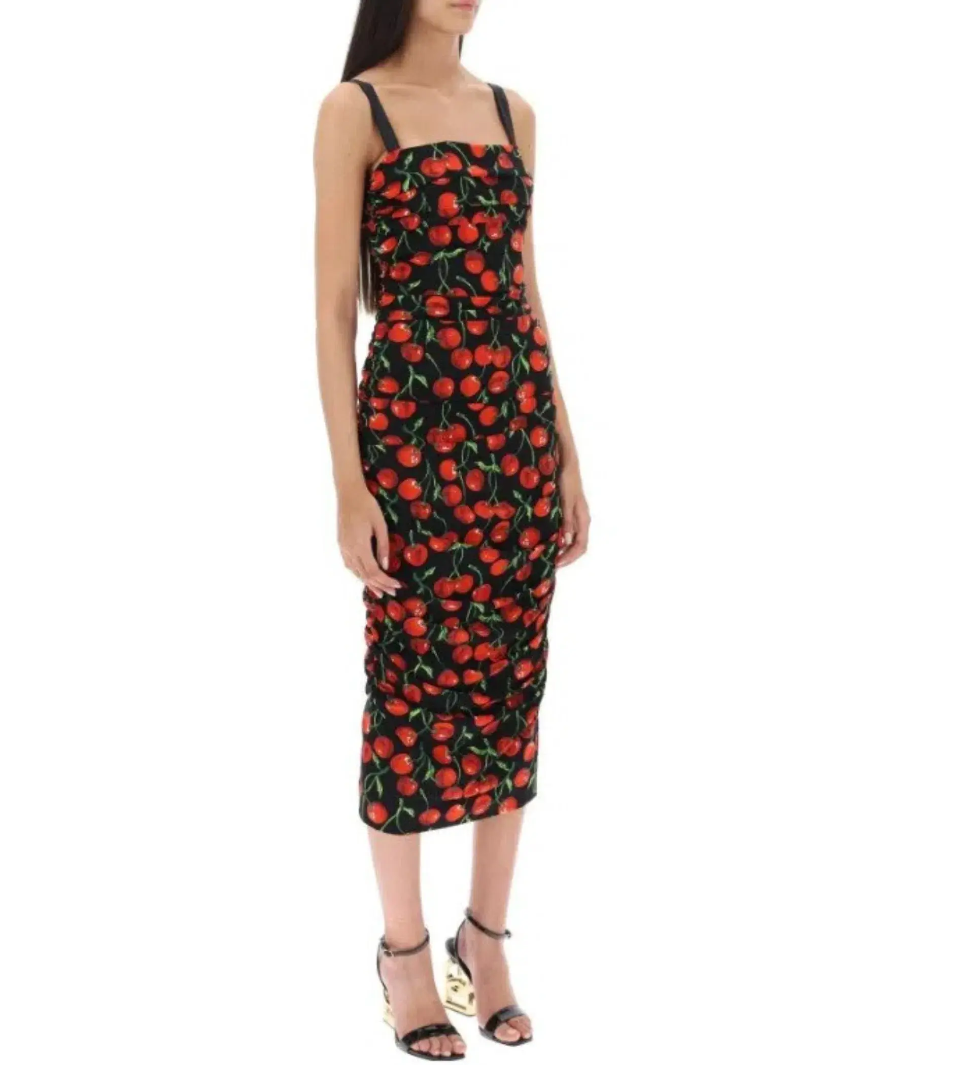 Dolce & Gabbana Cherry-Print Ruched Midi Dress Black Size AU 10 - Image 2