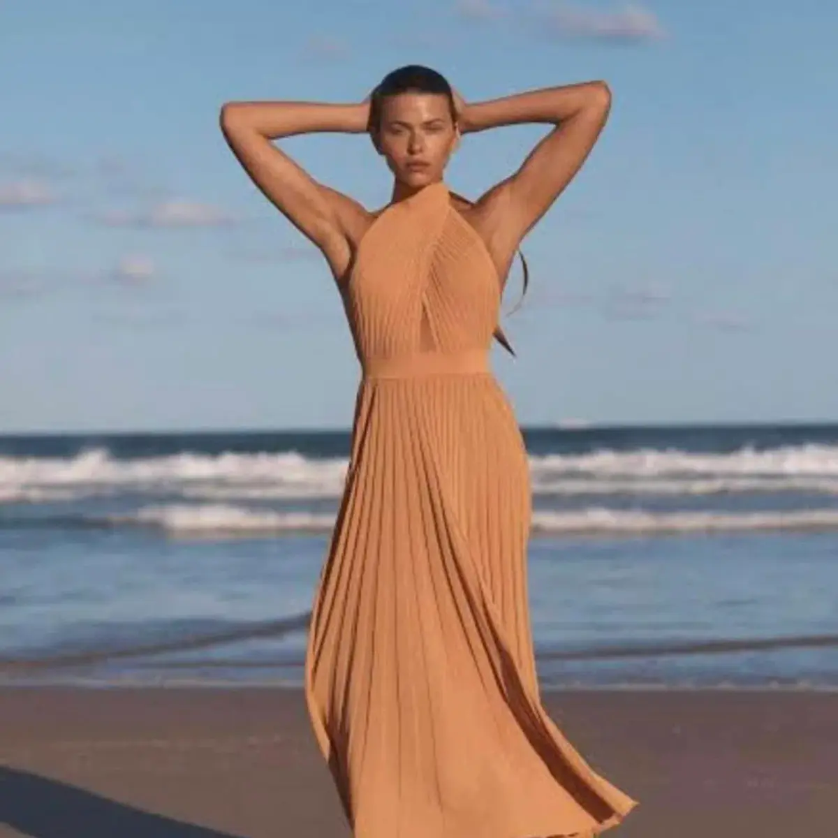 Scanlan Theodore Orange Crepe Knit Pleated Dress Size 10 - Image 1
