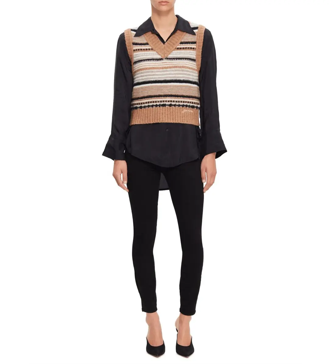 Ganni V-Neck Soft Wool Stripe Sleeveless Vest Size L/ AU 12  for rent on The Volte - main image